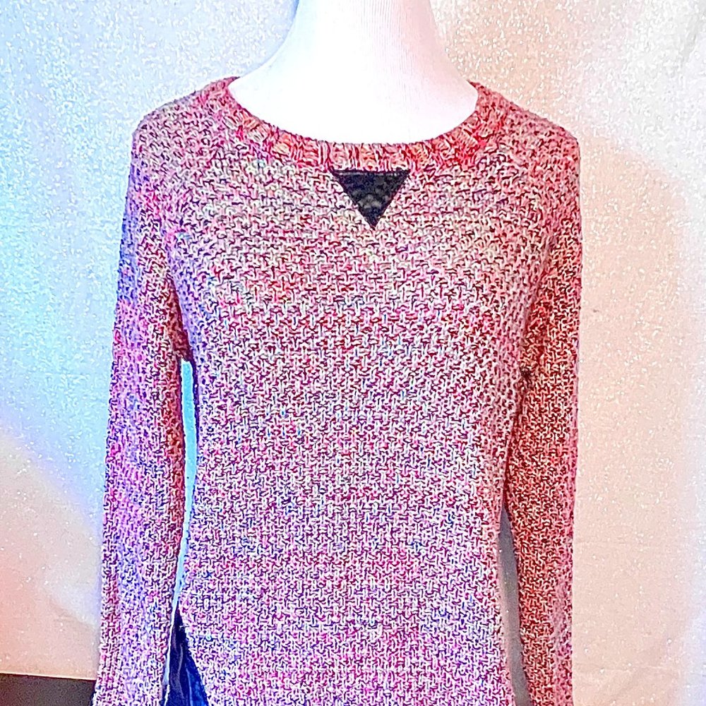 Colorful long sleeve waffle knit sweater top with black leather accents